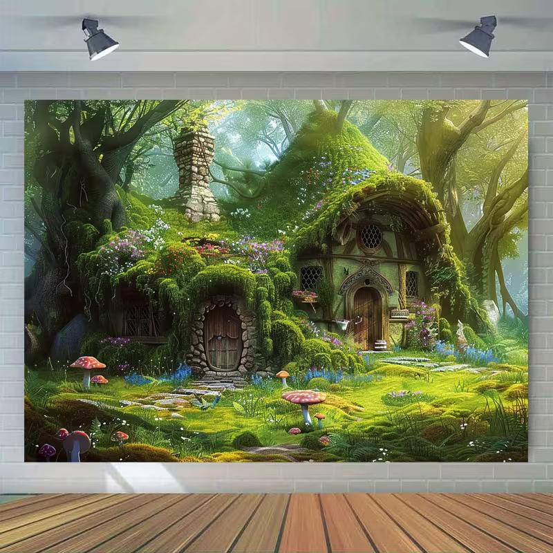 2D Enchanted Cottage Tapestry, Magical Forest Hobbit House & Mushroom Wall Art for Kids Bedroom & Nursery