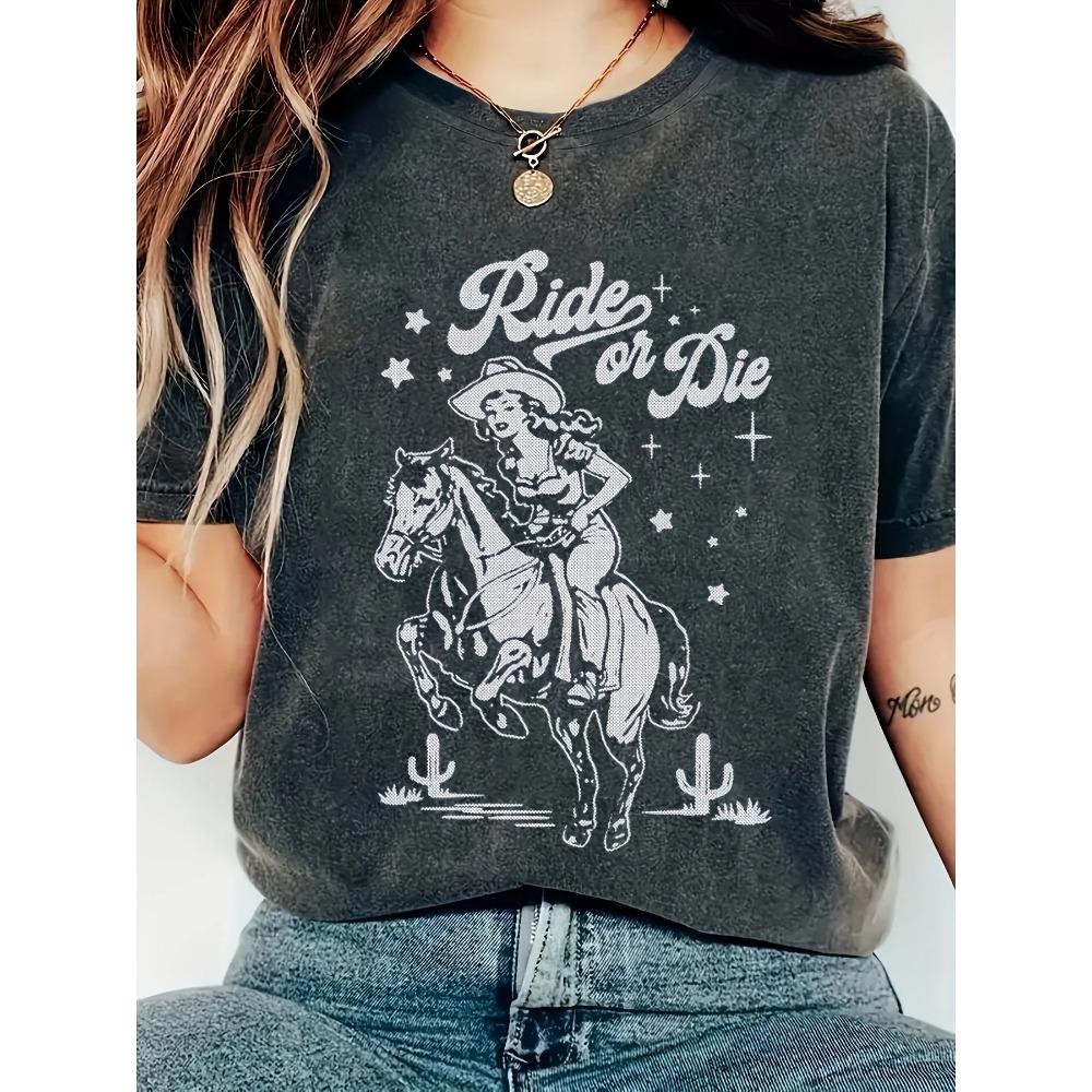 Модная Винтажная Футболка с Графикой 'Whiskey Kills Cowgirl' Женская Повседневная Круглый Вырез Вязаное Полотно Принт Буквы Обычная Длина