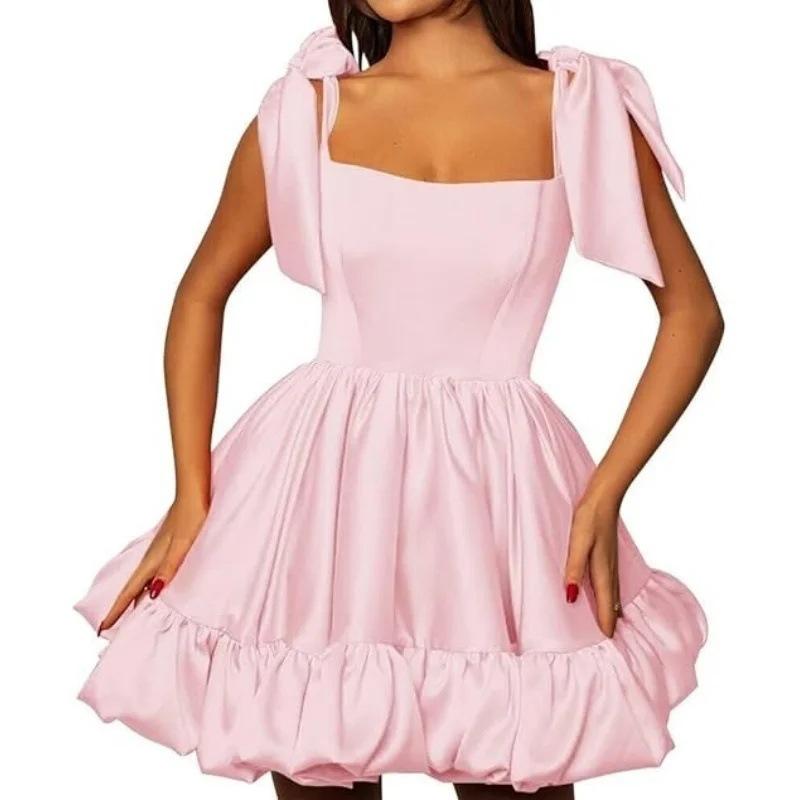 1011 new European and American style evening dress square neck bow satin tutu skirt thin birthday party dance dress