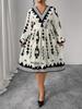 Foreign trade autumn and winter new dress large size fat mm printed bubble sleeve V-neck dress high waist and thin dress