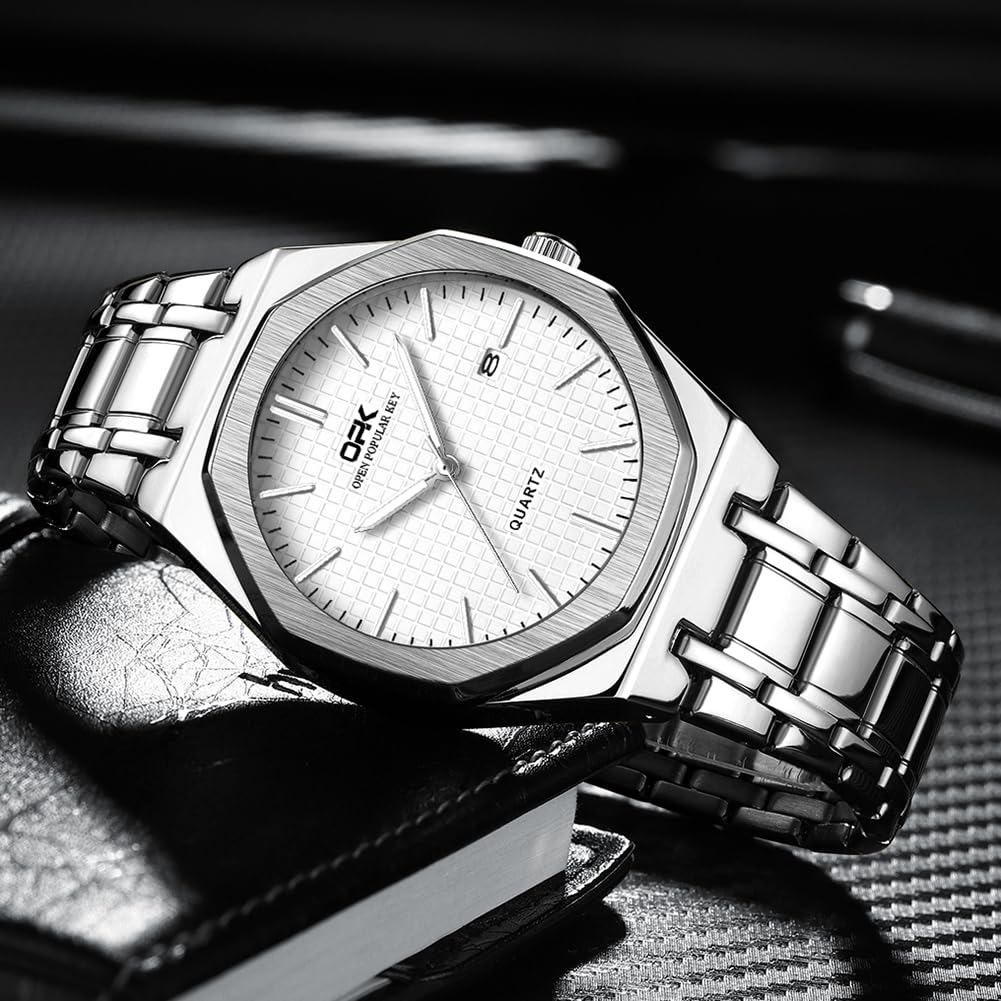 Quartz Business Watch with Luminous Round Octagonal 40mm Stainless Made in Japan Bar Water Resistant Men's Hands, Calendar, Day/Date Display, Bezel,