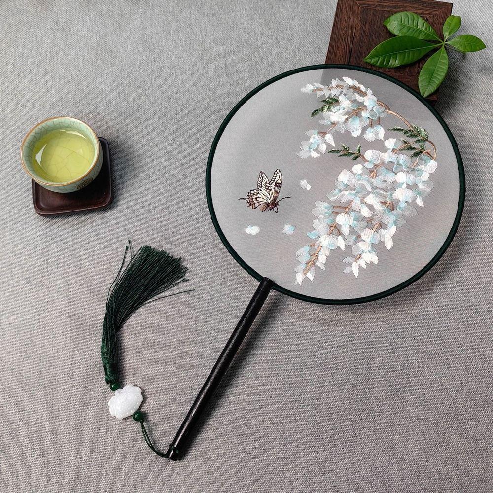 Круглый двухсторонний вышитый веер в китайском стиле с цветами из шелка, портативный танцевальный веер, домашний декор