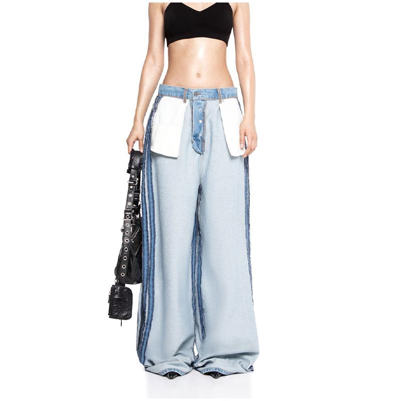 Женские джинсы в стиле пэчворк с высокой талией, прямые длинные брюки, износостойкий дизайн, светло-голубые выцветшие летние брюки