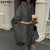 VONDA Женские винтажные однотонные полосатые платья-рубашки с длинным рукавом