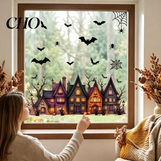 Spooky Party Window Decor 2 Sheets/Set Halloween Stickers, Retro Haunted Castle Sticker, Static Cling Ghost Bat Black Cat Decals Spider Web