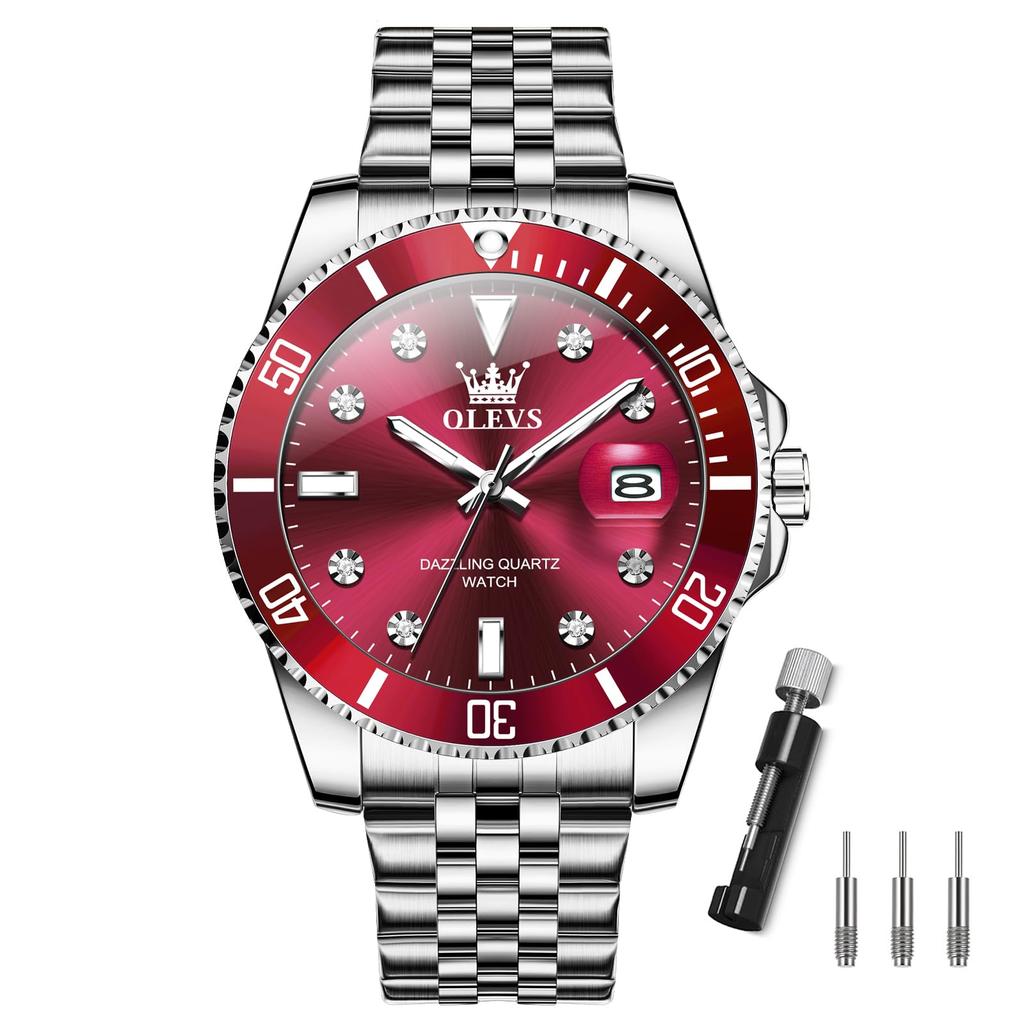 Men's Red Popular Waterproof Silver Olevs Watch Business Analog Quartz Watch Men's Stylish Stainless Steel Men's Watch Date Simple Large Dial