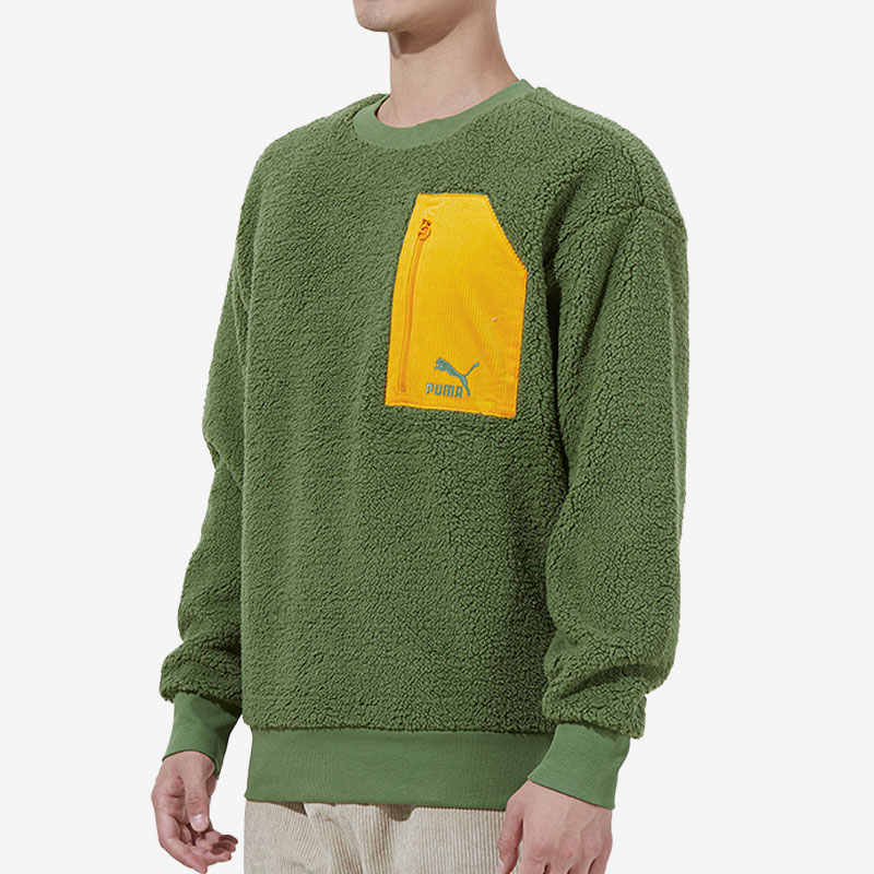 Puma Retro Crewneck Sweatshirt With Contrast Pocket And Faux Shearling Men Tops Dark-Green 534814-67