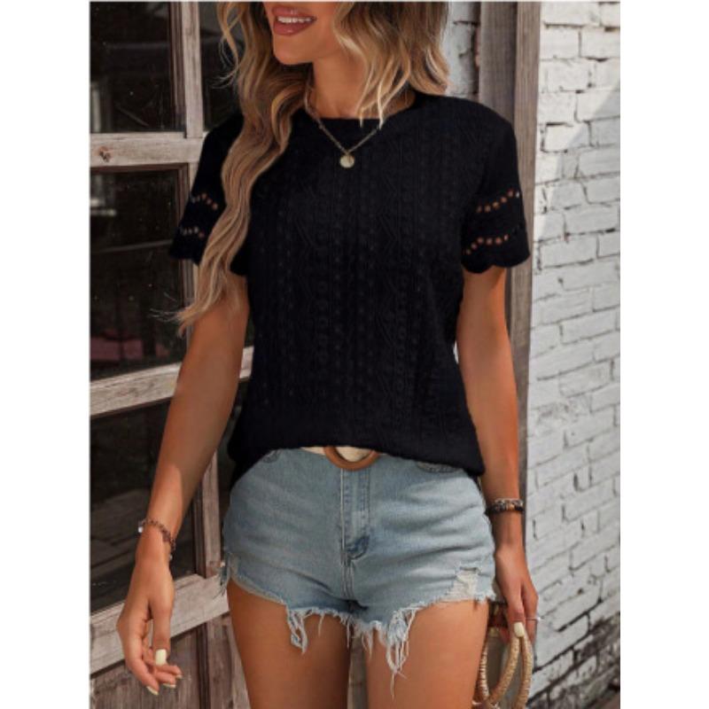 DAFIFY Women's Fashion Casual Summer Spring Solid Color Print Short Sleeve O-Neck Blouses & Shirts