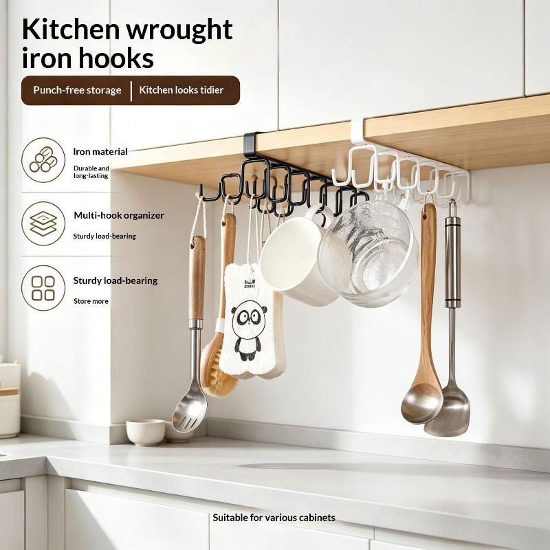 12 Hooks Kitchen Under Cupboard Shelf Mug Cup Hanger Hook Iron Hanging Rack Holder Kitchen Cabinet Organizer