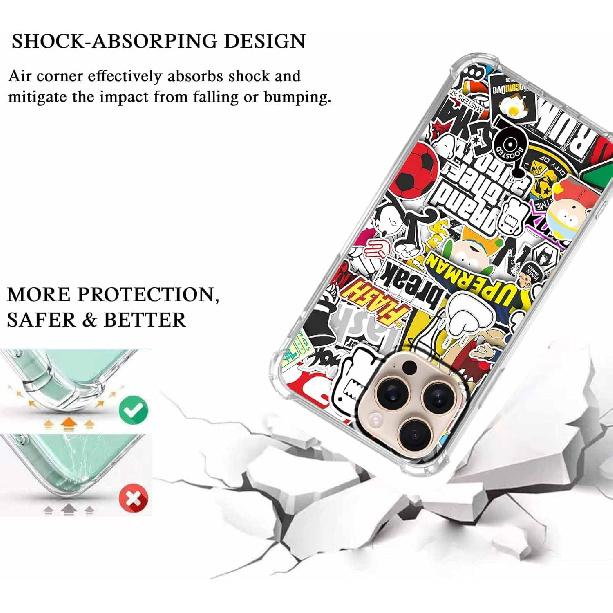 Чехол для iPhone 16 Pro Max с дизайном в стиле поп-культуры, Эстетичный чехол с коллажем из мультяшных стикеров Pop-Art для мужчин и женщин, Прозрачный тонкий мягкий ТПУ