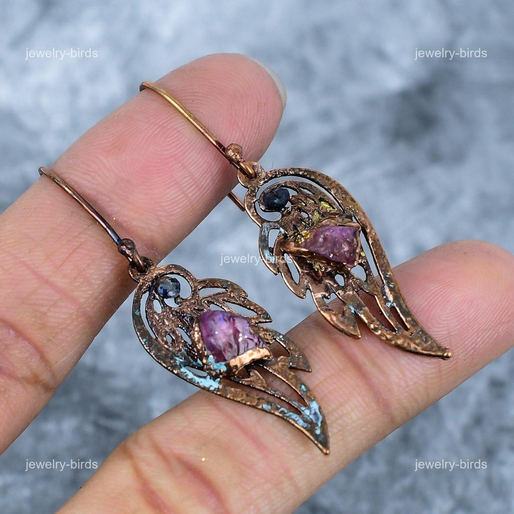 Fancy Pink Tourmaline Gemstone Copper Dangle Drop Electroformed Earrings Jewelry VP-86