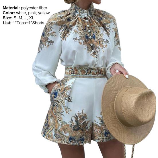 1 комплект, женский комплект с рубашкой и шортами, винтажный узор, водолазка с принтом, двухсекционный однобортный топ с длинными рукавами и карманами, офисные шорты