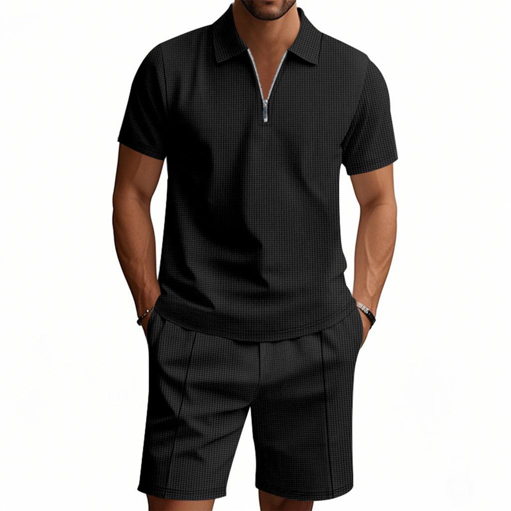 Men'S Solid Color Casual Collar Short Sleeved Shorts Two-Piece Set