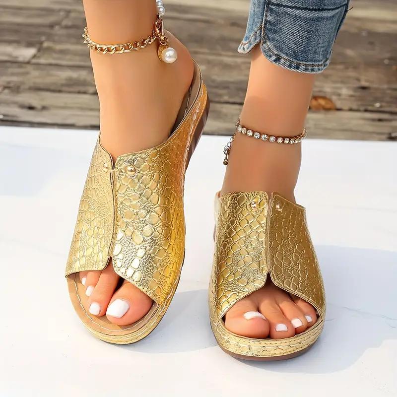 Women's Snakeskin Pattern Sandals Platform Slip On Soft Sole Casual Seaside Slides Low Wedge Vacation Slides