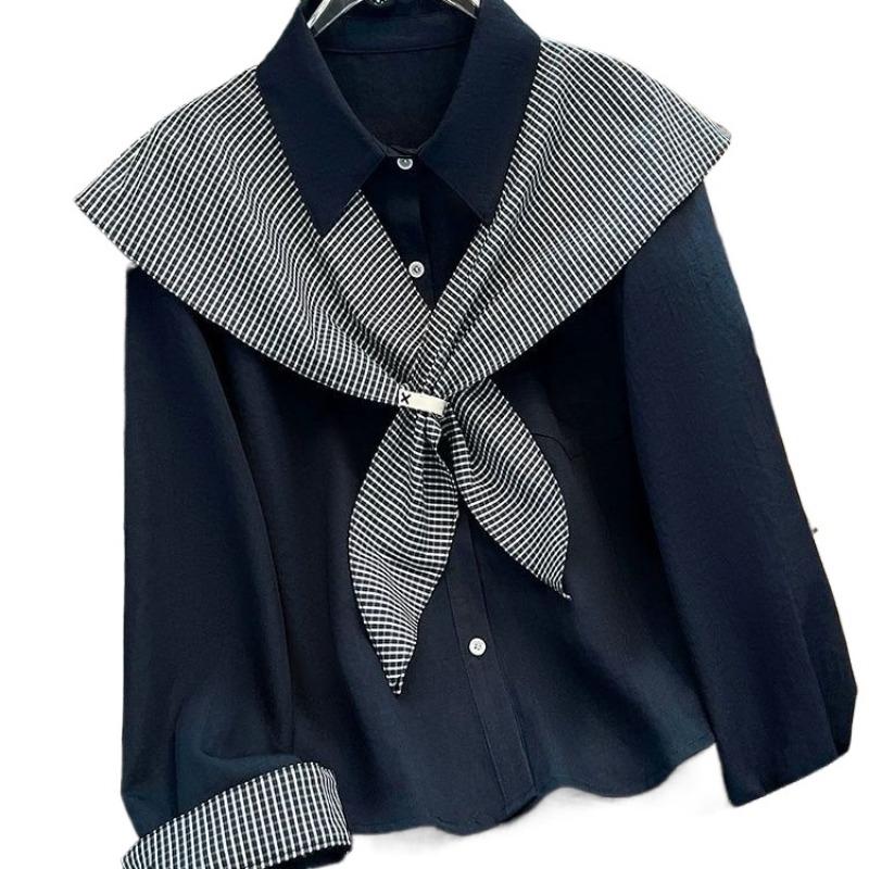 Plaid Shawl Women's Shirt Turndown Collar Single Breasted Button Blocking Color Famale Blouse Korean Style Fashion Ladies Long Sleeved Top