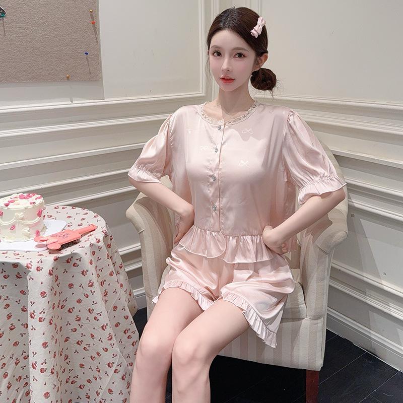 Pajamas women's short-sleeved shorts set summer new women's pajamas Korean version lace round neck fresh and breathable loungewear