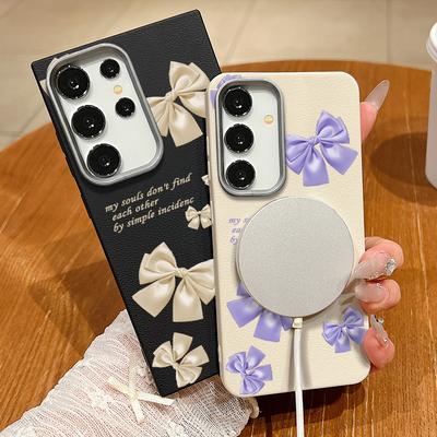 Чехол из мягкой кожи TPU с принтом банта и магнитной текстурой для Samsung S25 S24 FE S23 Ultra S22 S21 с беспроводной зарядкой, матовый, ударопрочный, тонкий чехол для телефона