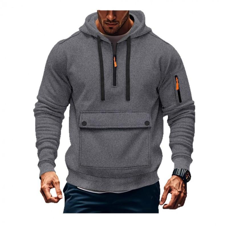 Mens Hooded Pullover Sweatshirt With Zippered Sleeve Pocket Loose Fit Casual Top