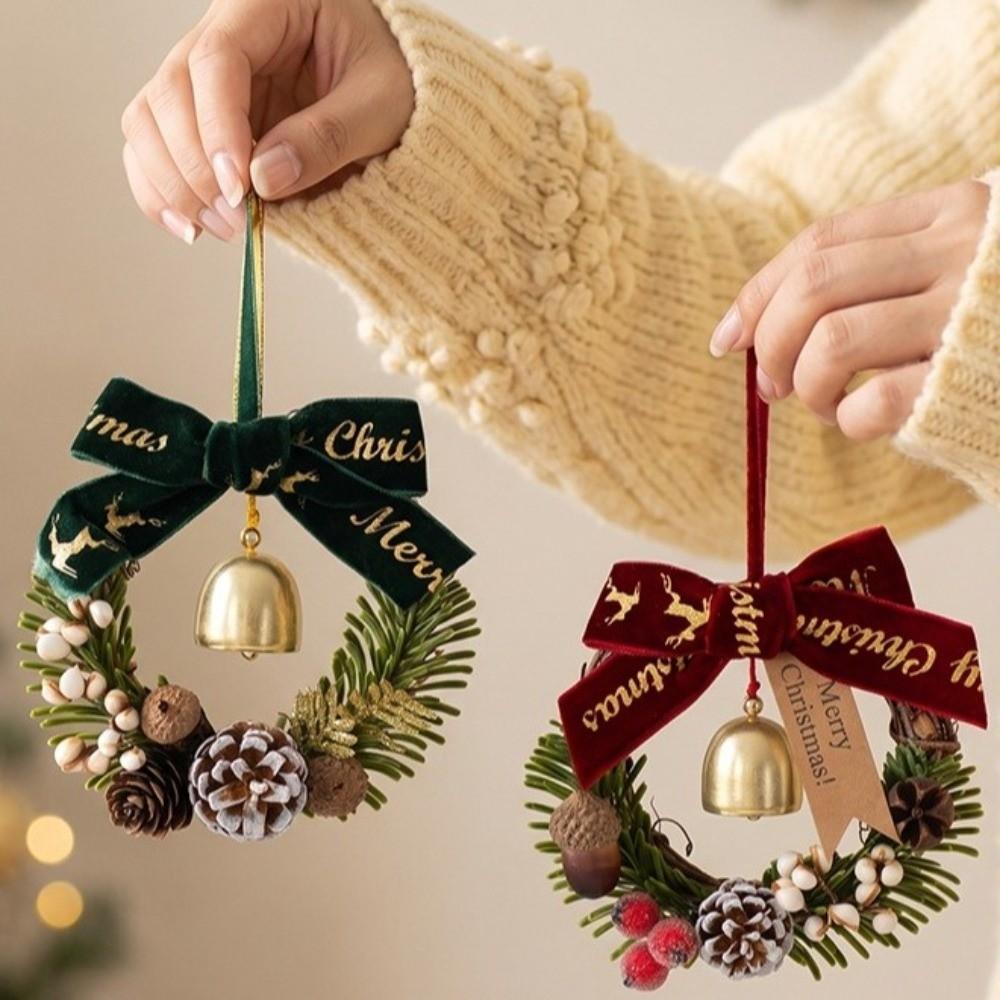 Metal Bell Christmas Wreath Pine Cones Xmas Tree Hanging Ornaments Door Garland Front Door Decor
