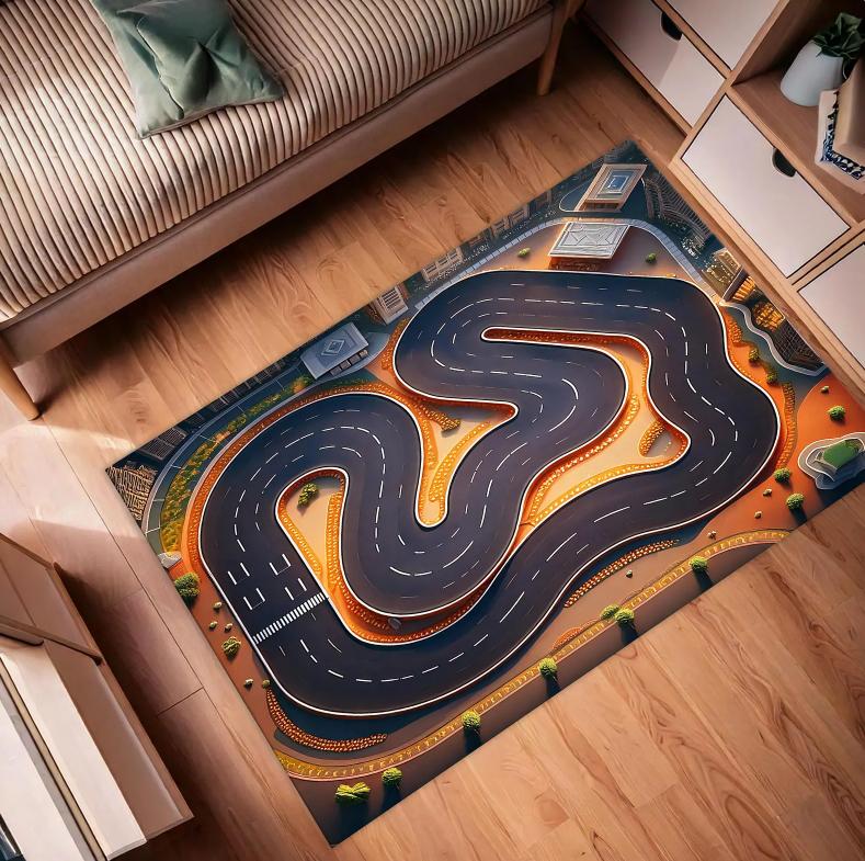 Kids' Room Rug 3D Race Track Theme Carpet Non-Slip Soft Easy Clean Durable Racing Enthusiast Parent-Child Home Decor Mat