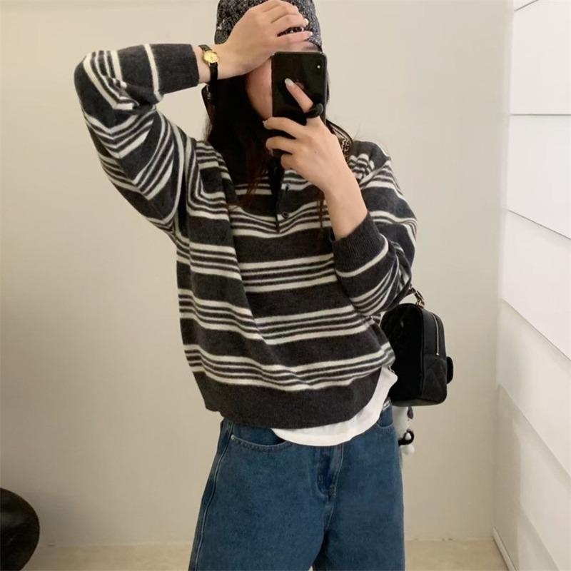 College Style Color Matching Striped Long-sleeved Knitted Sweater Autumn and Winter New Loose and Thin Casual Collar Pullover Sweater Women