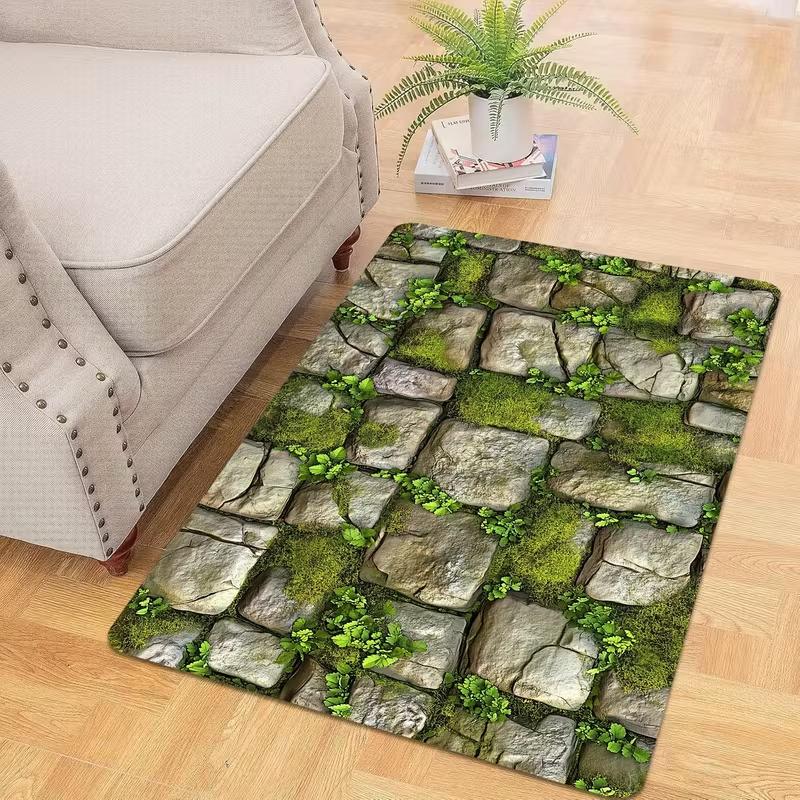 3D Moss Stone Brick Entrance Front Door Mat Retro Wooden Board Maple Leaf Anti Slip Outdoor Mat Living Room Entrance Carpet