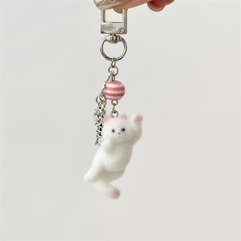 Cute Flocking Cat Phone Lanyard Strap Kitten Keychain Pendant Anti Lost Phone Chain Bag Ornament Cell Phone Love Fish Charm Gift