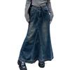 Women Skirt A-line Big Swing Denim Retro Pockets Patchwork Solid Color High Waist Button Zipper Closure Ankle Length Ripped Edge Lady Maxi Skirt