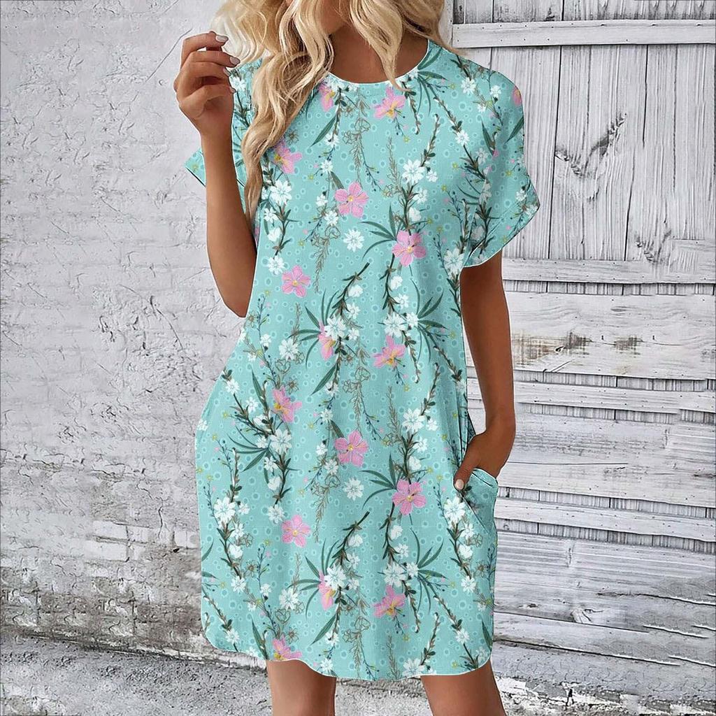 Женское модное летнее свободное платье-футболка средней длины с принтом и короткими рукавами