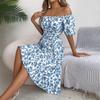 Spring and Summer Women's Floral Square Neck Short Sleeve Waist-slimming Ruffle A-line Dress