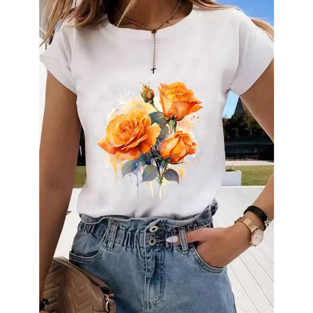 Floral Sweet and Cute Fashion Printing Women's O-neck Clothes T-shirt Short-sleeved Casual Daily Top