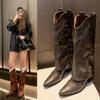 Women Autumn Winter Black Leather Rivets Elegant Slim Knee High Boots Fashion 6.5cm High Heel Pointed Toe Female Long Boots