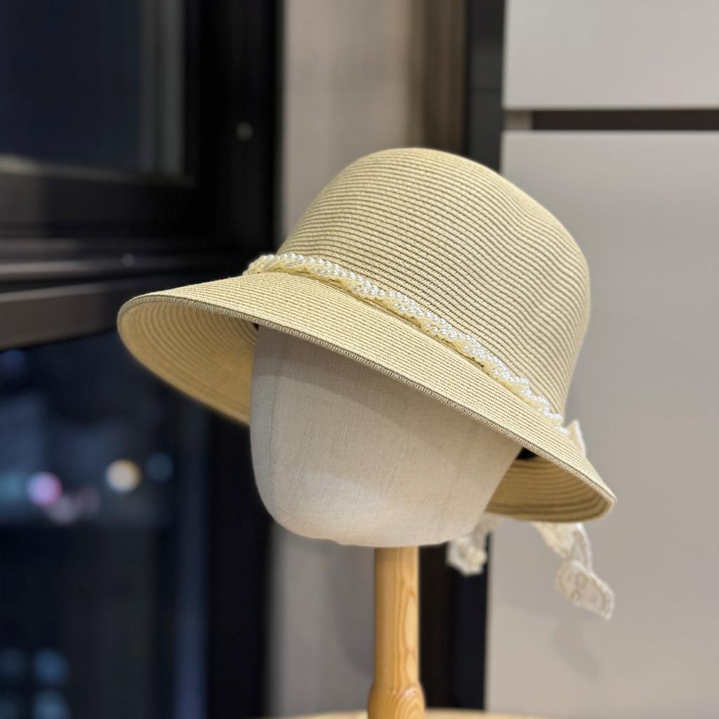 New Pearl Bow Elegant Straw Hat for Women, Summer Sun Protection Sun Hat, Face Slimming Outdoor Vacation Style Fisherman Hat