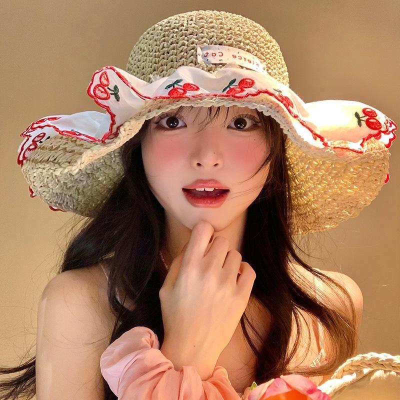 Lace Sun Cherry Hat Women Summer Beach Vacation Large Brim Sun Protection Cap