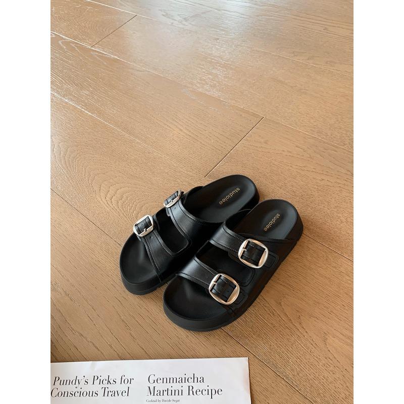 Версия из овчины~ Увеличение роста 3,5 см~ Ленивый круглый носок, двойная пряжка, крутые шлепанцы для пляжа