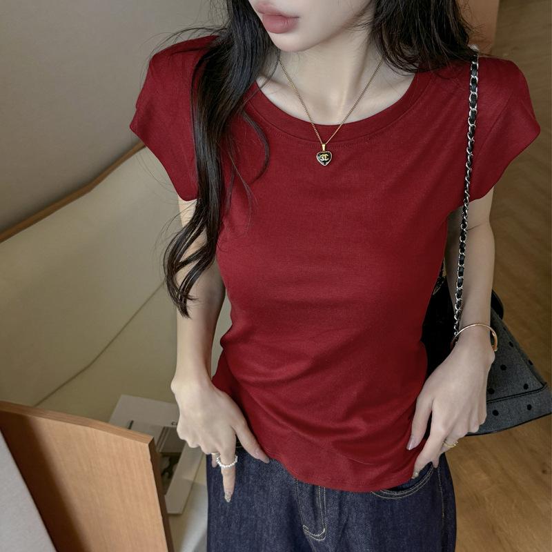 Summer Lyocell Tencel Shoulder Short Sleeve T-Shirt Women's Shoulder Width Slim Skinny High-end Xiaofei Sleeve Top