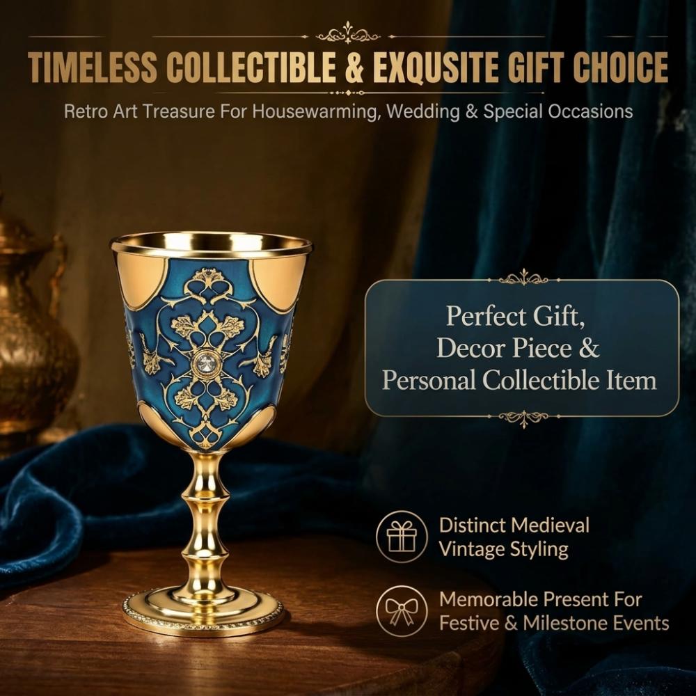 Rhinestone Embedded Vintage Wine Cup Blue Enamel Drinking Cup Romantic Medieval Wine Goblet Wine