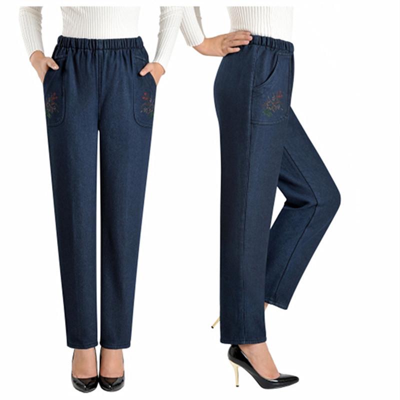 Женская зимняя и осенняя одежда среднего возраста плюс флисовые джинсы Женская свободная одежда с высокой талией для мам Бабушкиная одежда Женские брюки больших размеров