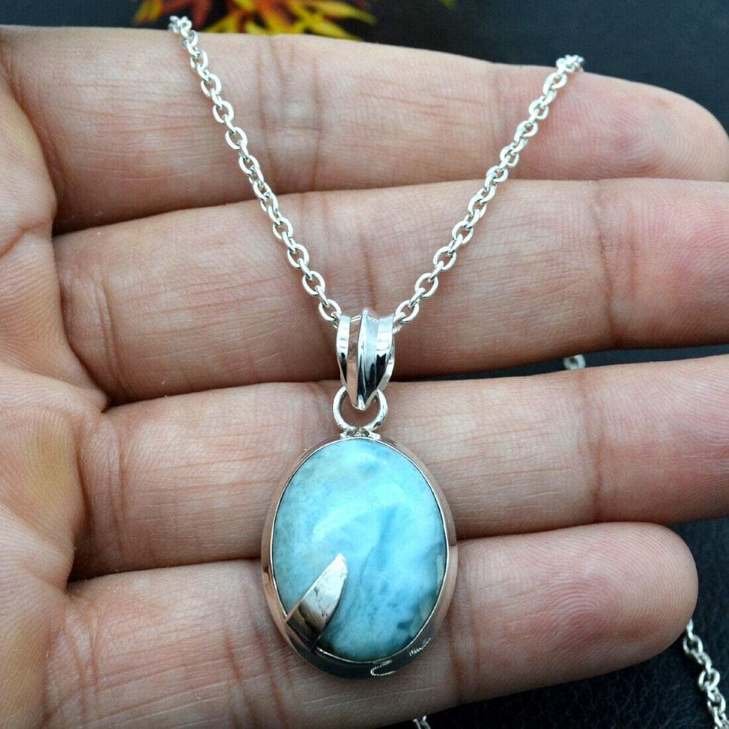 Овальный Кабошон Натуральный Ларимар (14,52 карата) Ожерелье с подвеской Твердая подвеска из стерлингового серебра 925 пробы с цепочкой Ювелирные изделия для женщин или девочек