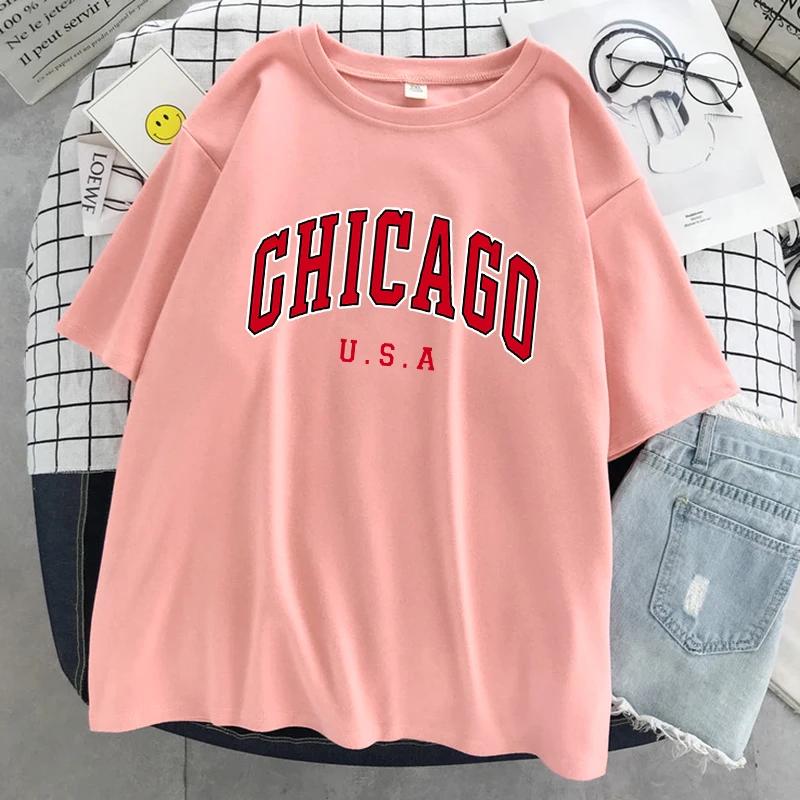 Чикаго США Город Графический принт с буквами Женская Унисекс Футболка Уличная Летняя Футболка Повседневная Оверсайз Короткий Рукав Дышащая Прохладная Футболка