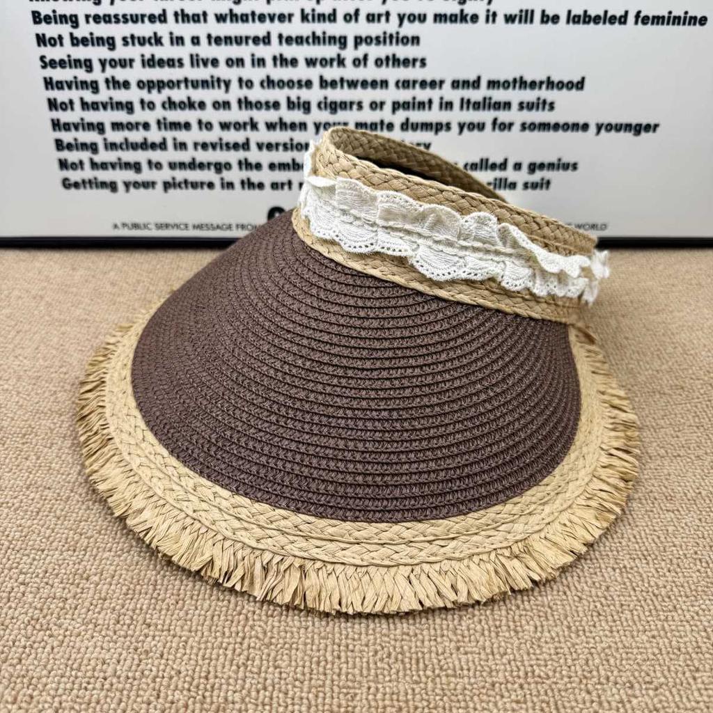 Light and breathable raw edge fringed empty top straw hat women's lace lace fresh anti-ultraviolet travel hat
