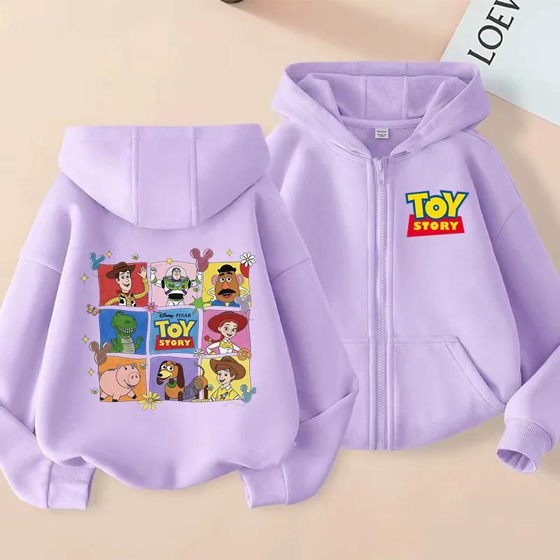 Toy Story Grid Print Purple Kids Autumn Zip Up Hoodie, Front Back Graphic Boys Girls Zipper Hooded Jacket Children Outerwear