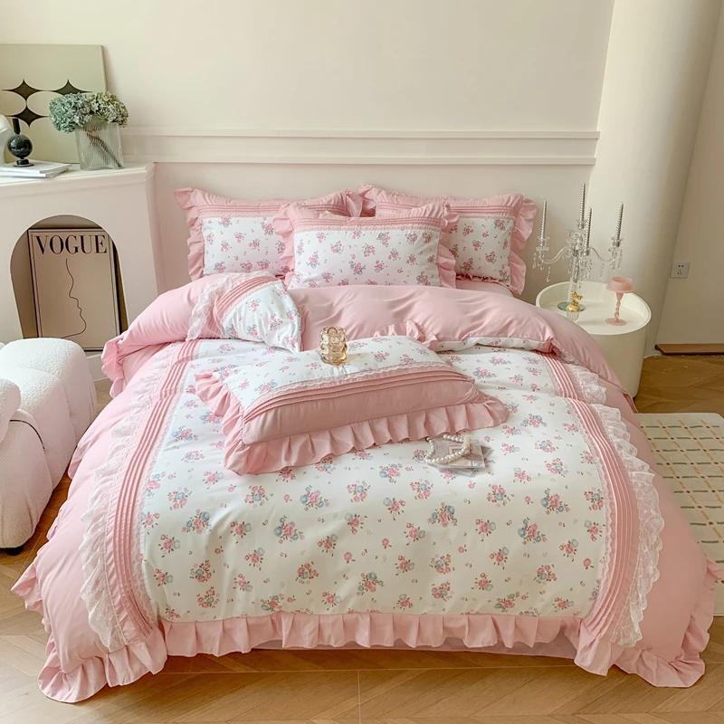 4Pcs Princess Bow Korean Duvet Cover With Ruffle Lace Luxury Bedding Set Bed Sheet For Girls Flower Bedspread Decor Home