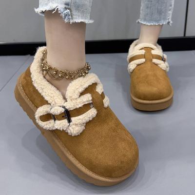 Модные Удобные Ботинки на Пряжке Женские Лоскутные Ботинки с Круглым Носком Теплые Ботинки на Плоской Подошве Женские Зимние 2025 Теплые Боты из Искусственного Меха Женские