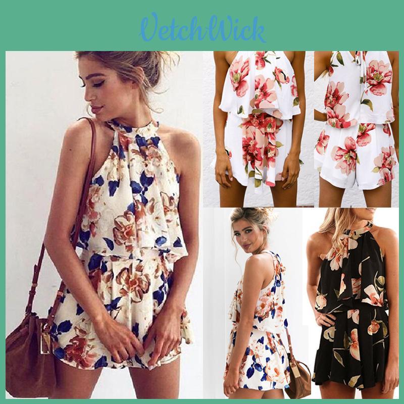 Piece Womens 2 Holiday Mini Playsuits Ladies Beach Summer Floral Shorts Print