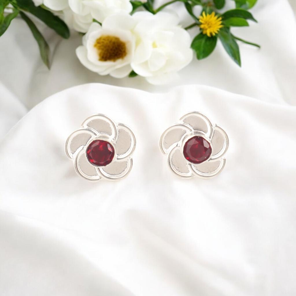 Natural Red Garnet Gemstone 925 Sterling Silver Handcrafted Stud Earrings 0.5" EE-157-19