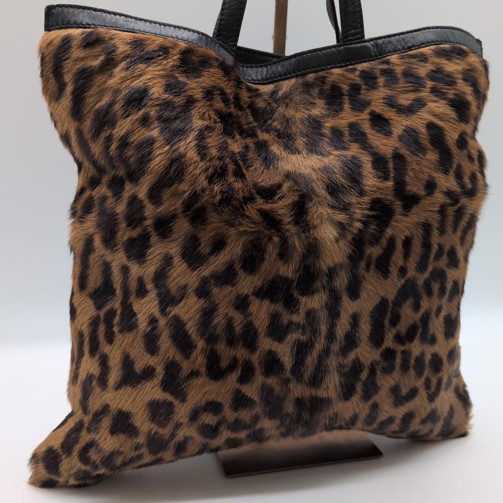 LOEWE Unborn Calf Leopard Print Fur Tote Bag Handbag Nappa Leather Black Auth