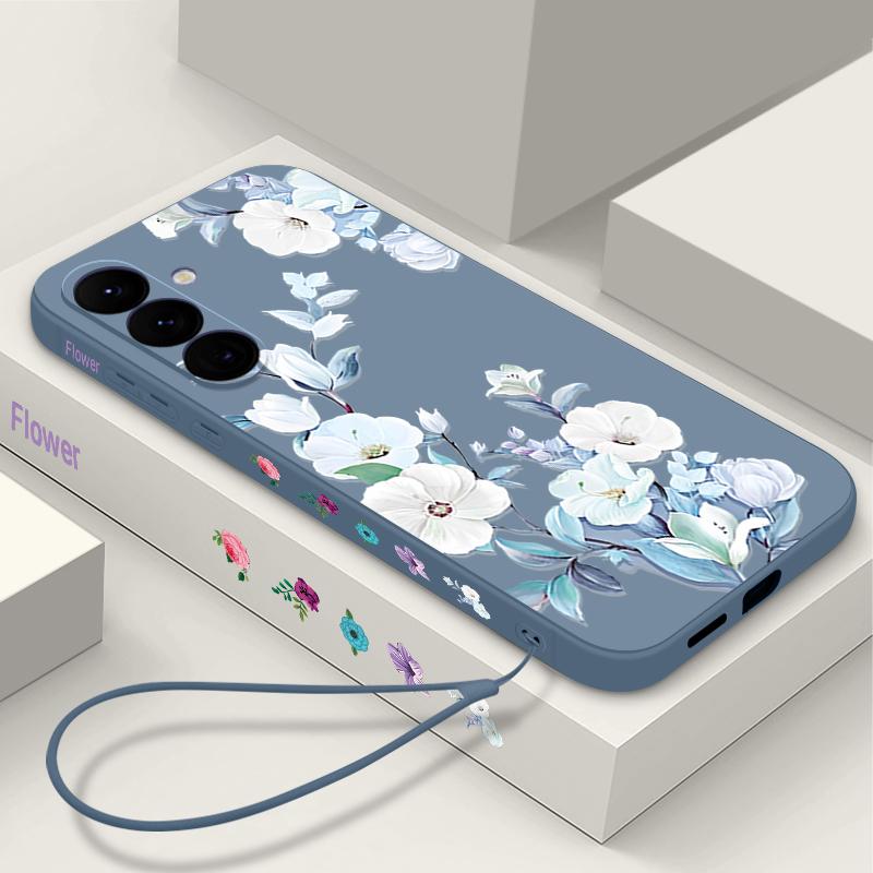 For Samsung S25 Ultra S24 FE S23 A56 A36 A16 A55 Phone Shell Floral Print Matte Lens Protection TPU Lanyard Soft Shockproof Silicone Slim Case Cover