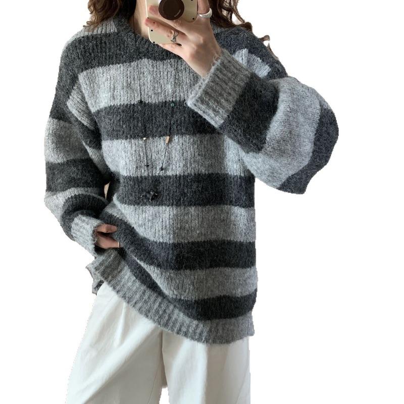 Contrasting Color Striped Knitted Sweater Women's Autumn and Winter New Lazy Style Casual Soft Waxy Round Neck Large Size Thick Pullover Sweater