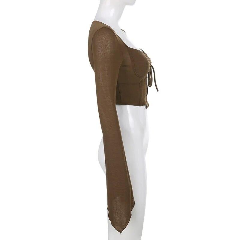 2KWEIRD Укороченный топ скинни "рыбья кость" женский весна-лето винтажный с расклешенными рукавами на кулиске сексуальная футболка американский ретро облегающая футболка Y2K одежда